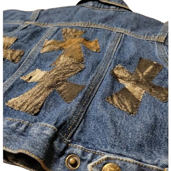 Custom Denim Blue Jean Jacket With Ironed/Stitched Crosses - Picture 3 of 5